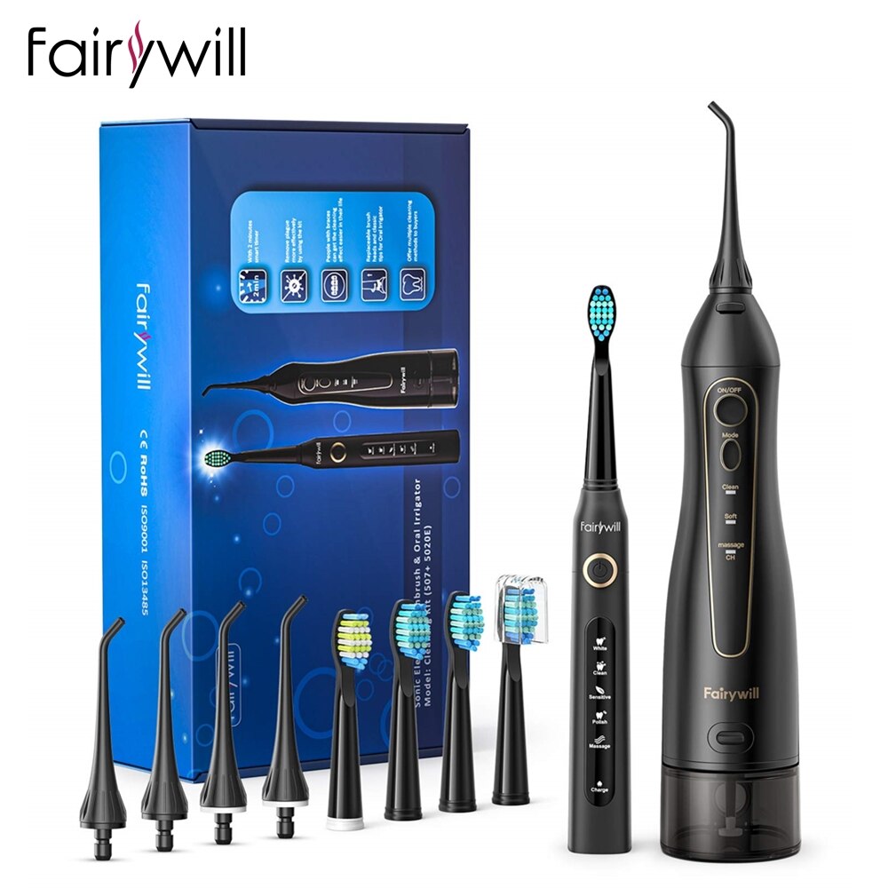 Fairywill Teeth Cleaner 300ML Rechargeable Water Flossers Portable Dental 3 Modes Water Tank Waterproof Oral Irrigator for Teeth: 5020E-507-Set