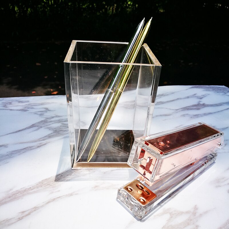 TUTU Luxury Desk Organizer Transparency Acryl Pencil Case Pen Container Rose Gold Pens Cup Stationery Papelaria Pen Holder H0101