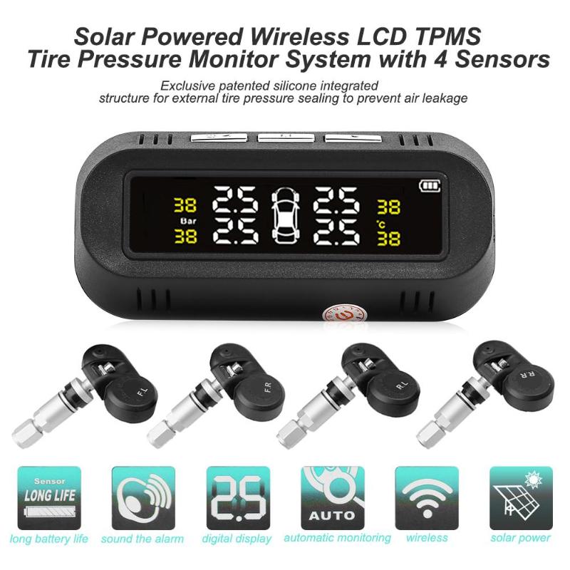 Car TPMS Tire Pressure Monitor System USB+Solar Tire Monitoring Alarming Systems with 4 Internal Sensors