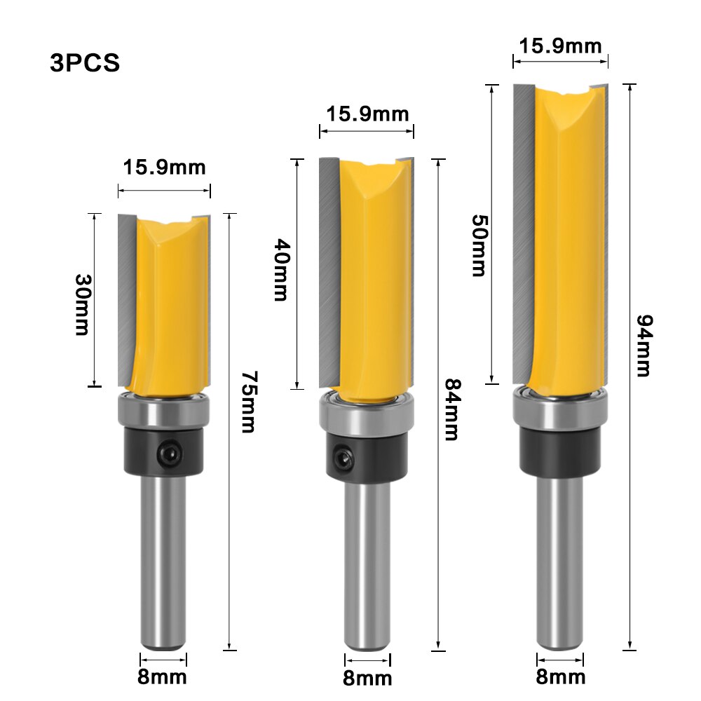 1-3pcs 8mm Shank Flush Trim Router Bit Pattern Bit Top Bottom Bearing 5/8" Blade Template Wood Milling Cutter Carpenter: 3pcs 8mm shank