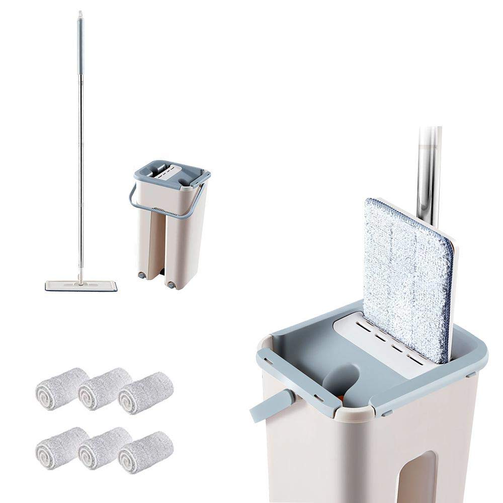 Klem flad moppe håndfri vridning af gulv rengøring moppe mikrofiber moppepuder moppespand med vrider 360 ° drejeligt hoved genanvendeligt