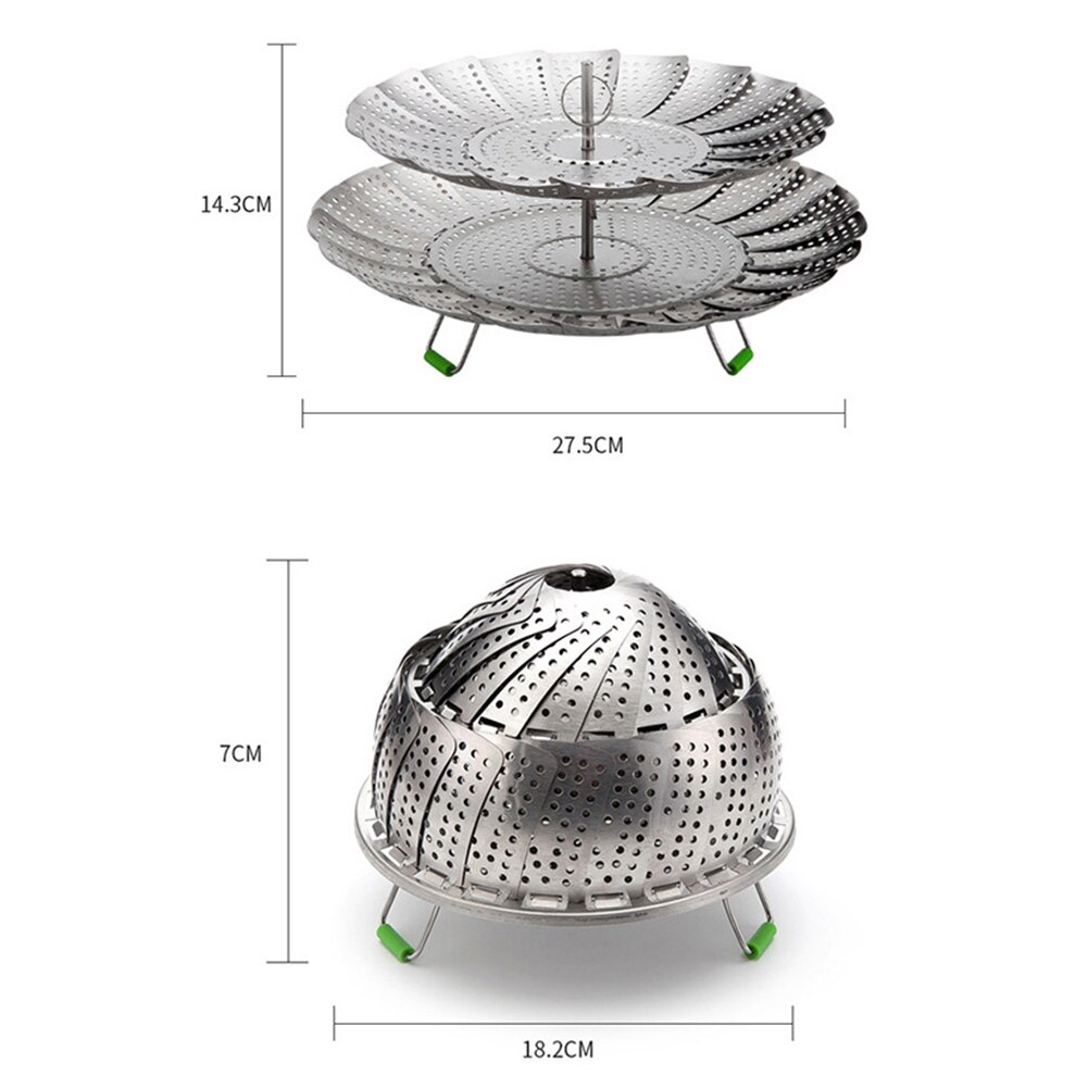 Vaporera de acero inoxidable plegable de dos pisos, cesta de vapor para alimentos, bandeja de malla para postres de frutas, cocina para albóndigas y verduras, vaporera