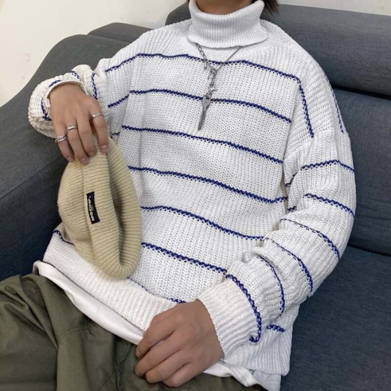 Vinterstribet turtleneck sweater mænds varm afslappet strikket pullover mænd løse strik trøjer herre koreansk tøj: Hvid / M