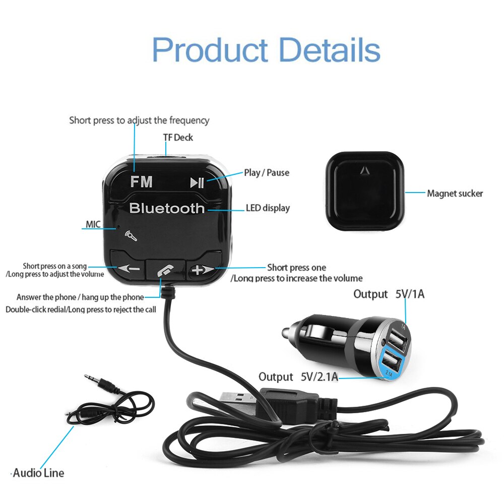 Magneet Carkit Draadloze Bluetooth Sd Fm-zender Aux Lcd Handsfree MP3 Usb Aux Adapter Met Microfoon Dual Usb Auto lader