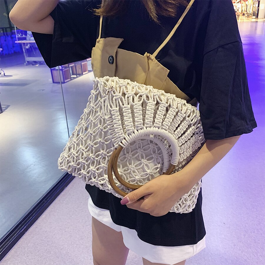 Vintage handtassen met houten handvat voor dames, rieten geweven holle damestassen, grote tassen, casual zomer strandtas, grote reistas