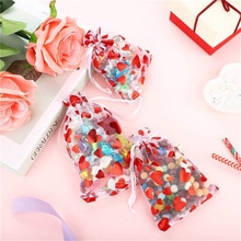 100Stck/Tasche Organza Kordelzug Taschen Schmuck Gittergewebe Taschen Valentinstag Liebe Herz Container Süßigkeiten Tasche paket