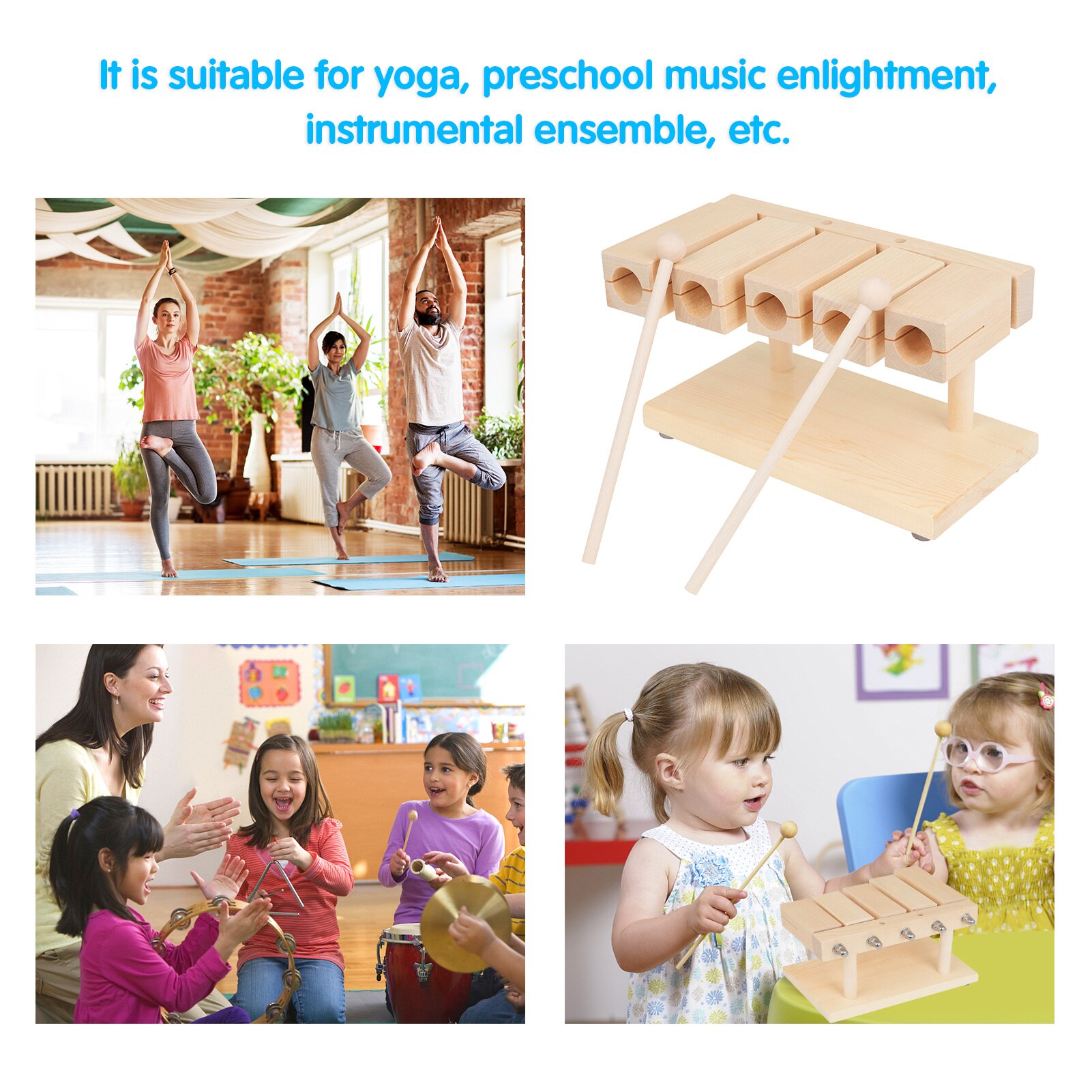 Bloque de percusión de madera, instrumento Musical de 5 tonos de arce sólido con mazo para Yoga, educación preescolar
