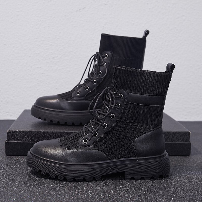 STQ – bottines de moto en cuir souple fendu pour femme, chaussures Punk noires, automne-hiver , 7152