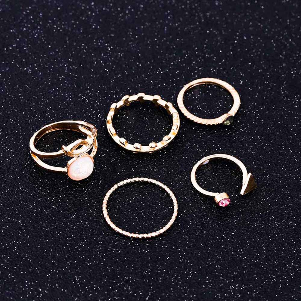 Famshin 5 Stks/set Ring Charm Pink Crystal Kunstmatige Steen Geometrische Driehoekige Boom Rotan Eenvoudige Ring Voor Vrouwen