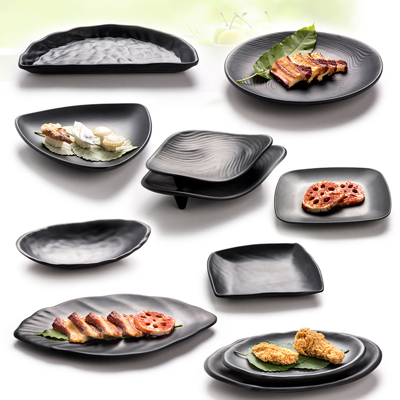 Melamin svart tallerken porselen imitasjon frost biff sushi dessert tallerken kjøkken matbit servise fast skrivebord oppsett
