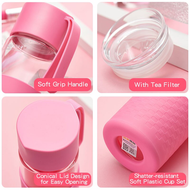 Pinkah glas vattenflaska bpa fri hög borosilikat glas tekopp läckagesäker bärbar med skyddande silikonfodral 400/500ml