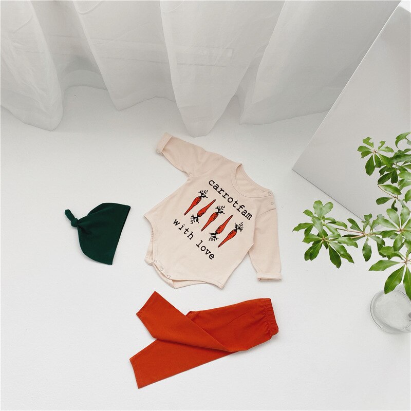 3pcs/set Cute -born Girls Pijama Autumn Carrot Pattern Long Sleeve Romper+Pant+Hat Baby Boys Homewear Sleeping Suit Toddler