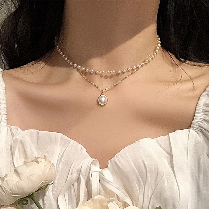 Beads Women&#39;s Neck Chain Kpop Pearl Choker Necklace Gold Color Goth Chocker Jewelry On The Neck Pendant Collar For Girl