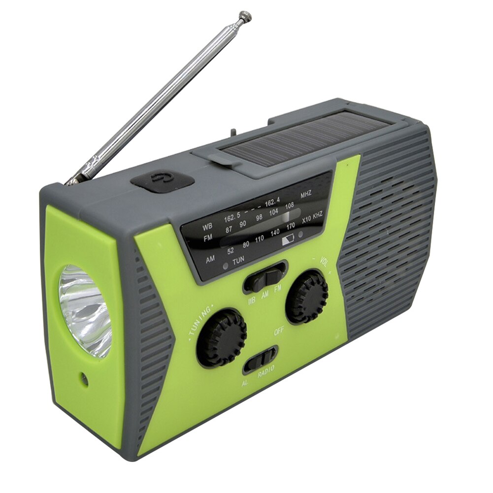 Hätä aurinko käsi kampi radio kannettava am/fm sää radio ulkona kotitalouksien led taskulamppu 2000 mah virtapankki usb laturi: Vihreä