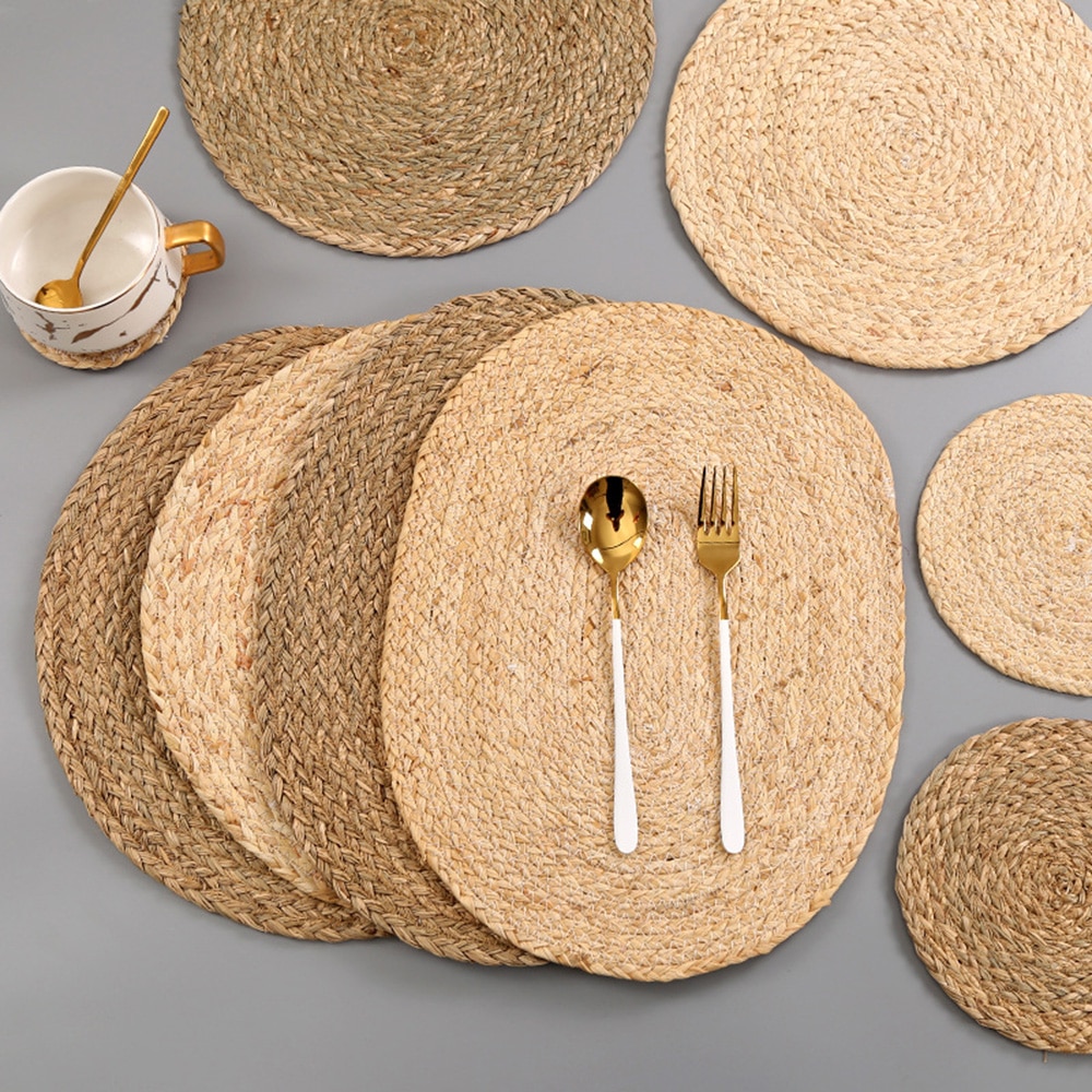 Handmade Woven Aquatic Plants Thread Jute Table Mat Non-Slip Dining Table Placemat Rattan Insulation Cup Coaster Home
