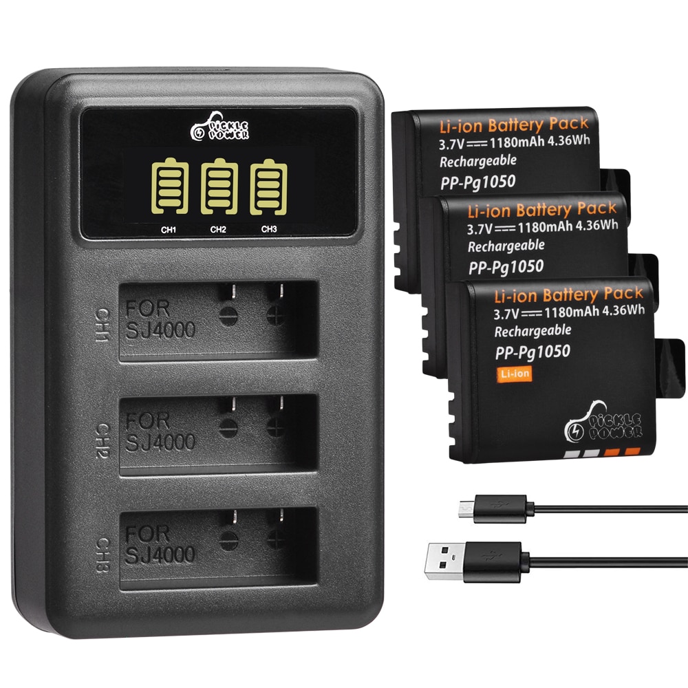 1180 mah  pg1050 batteri og 3 bærer ledet lader til sjcam  sj4000 wifi  sj5000 wifi pluss  m10 sj5000 pluss  sj6000 sj7000