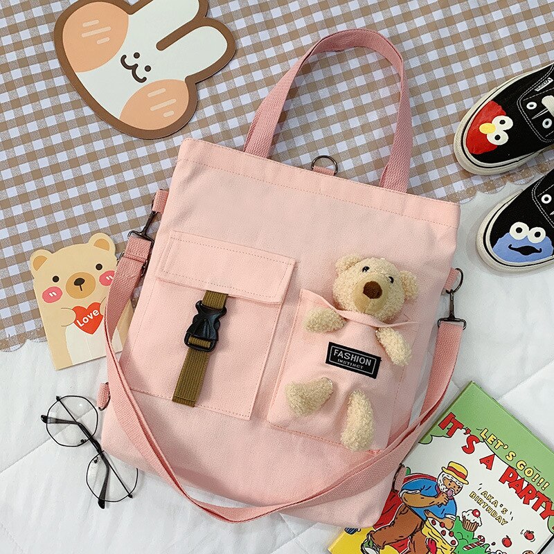 Cute Animal Canvas Bag Backpack Girl Student Single Shoulder Bag Literary Tote Bag: bear3