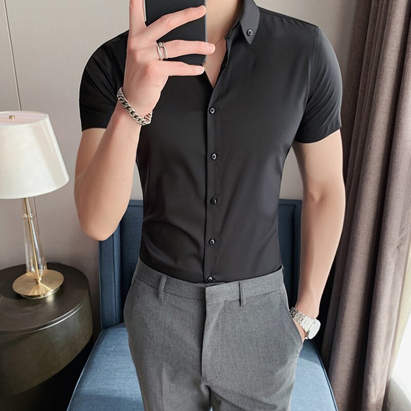 Korea style moda letnia nowa koszula męska z krótkim rękawem Slim Fit zielony biały codzienny przycisk Casual koszule na przyjęcia towarzyskie mały rozmiar azjatycki