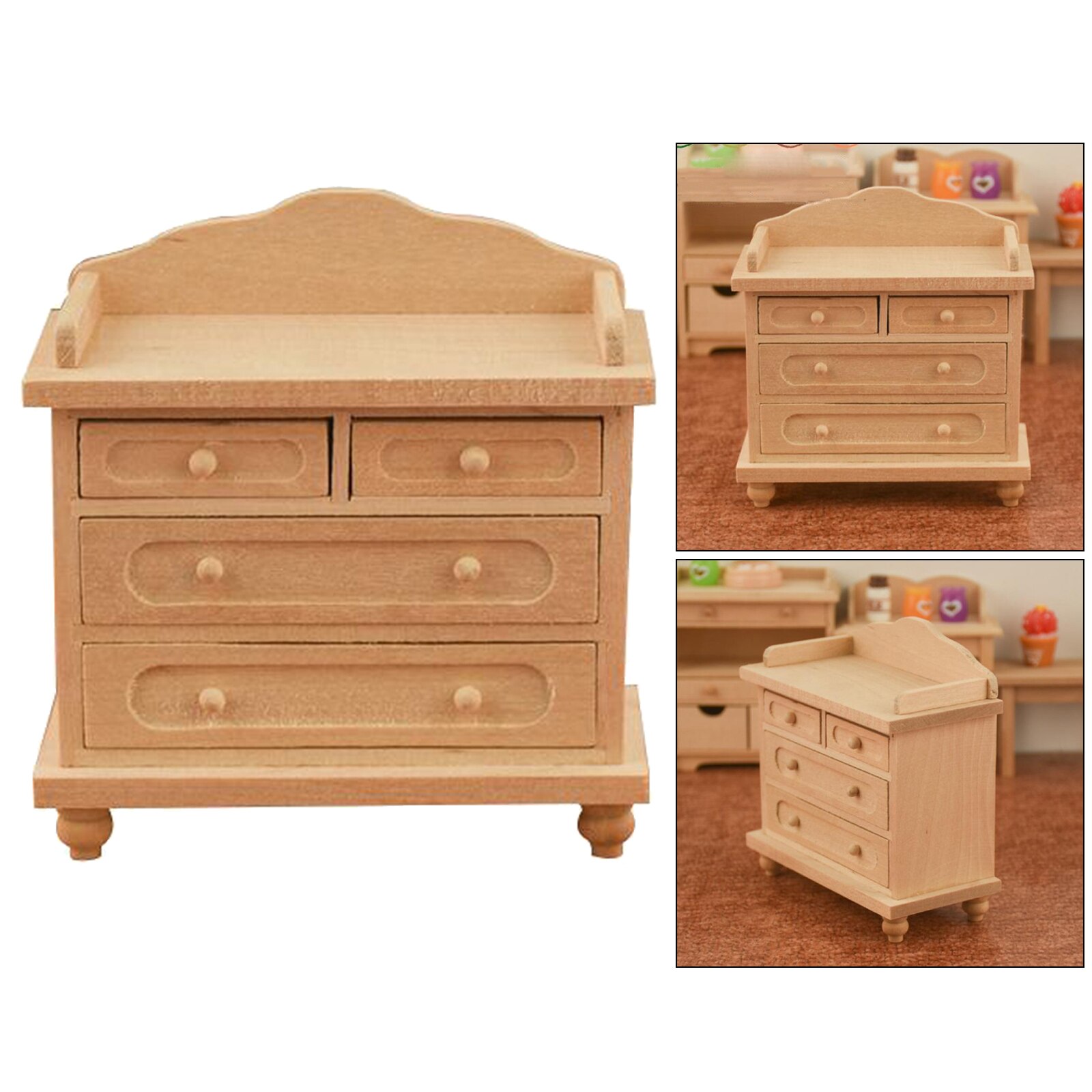 1/12 Scale Dolls House Handmade Classic Solid Wood Unpainted Nightstand TV Cabinet with Drawer Bedroom Decor Toy