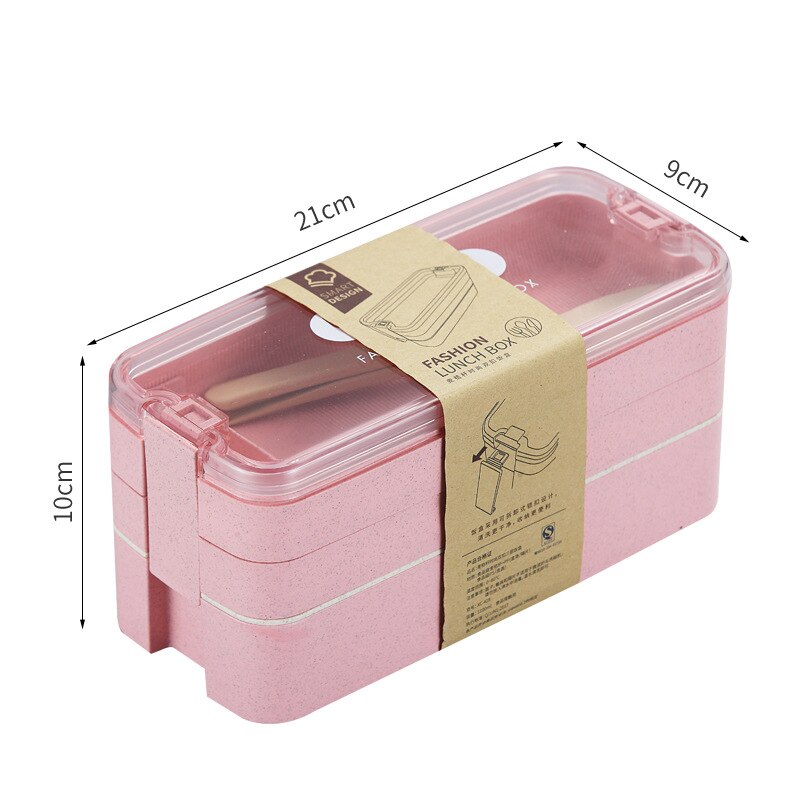 Wheat Straw 3 Layer Lunch Box Microwavable Heating Bento Box for School Children's Snack Fruit Salad Portable Food Containers: 3 layers of pink
