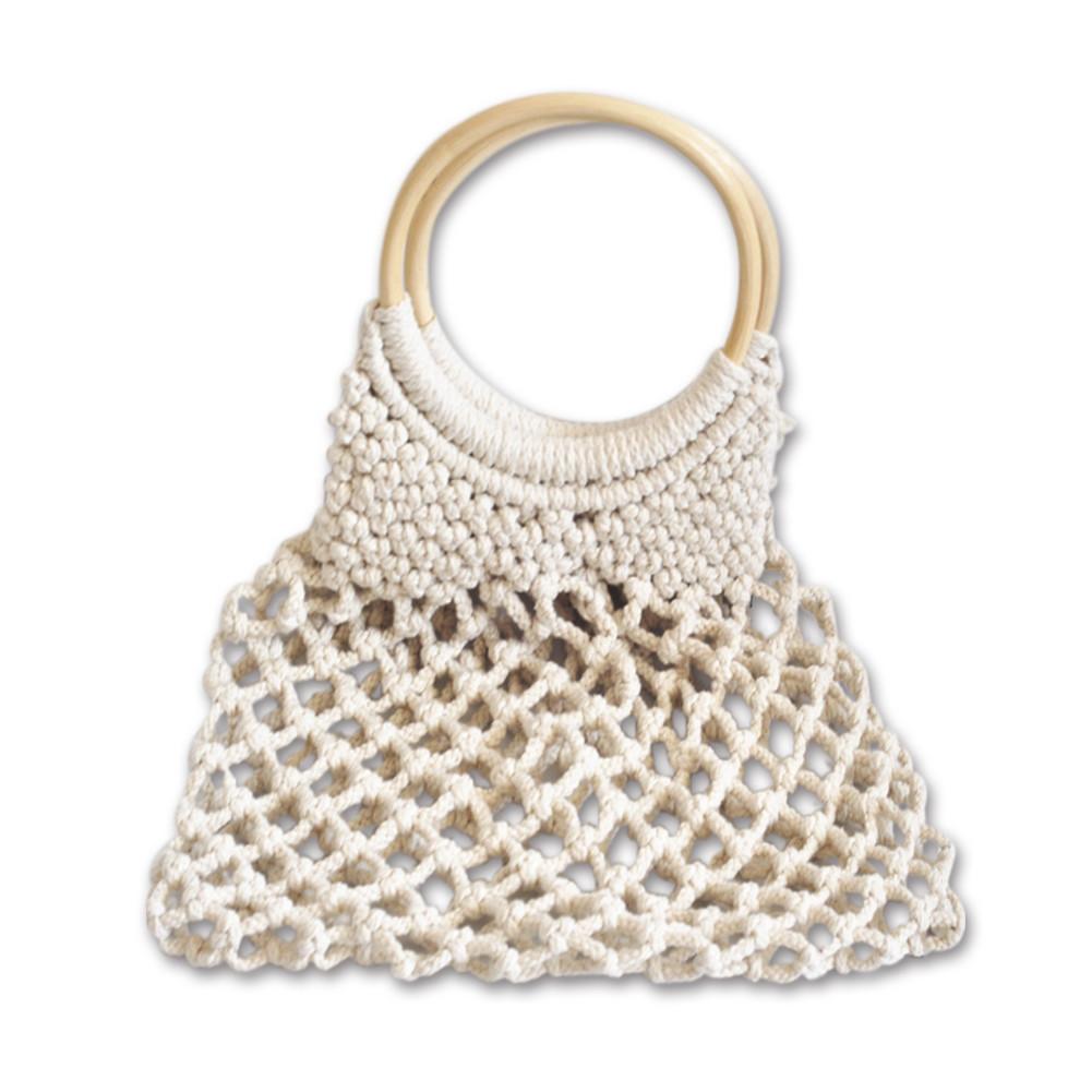 Femme évidé Net Sac À Main décontracté À La Tissé Sac Coton Sac À Bandoulière Plage Paille Tissé Bracelets Sac: WHITE