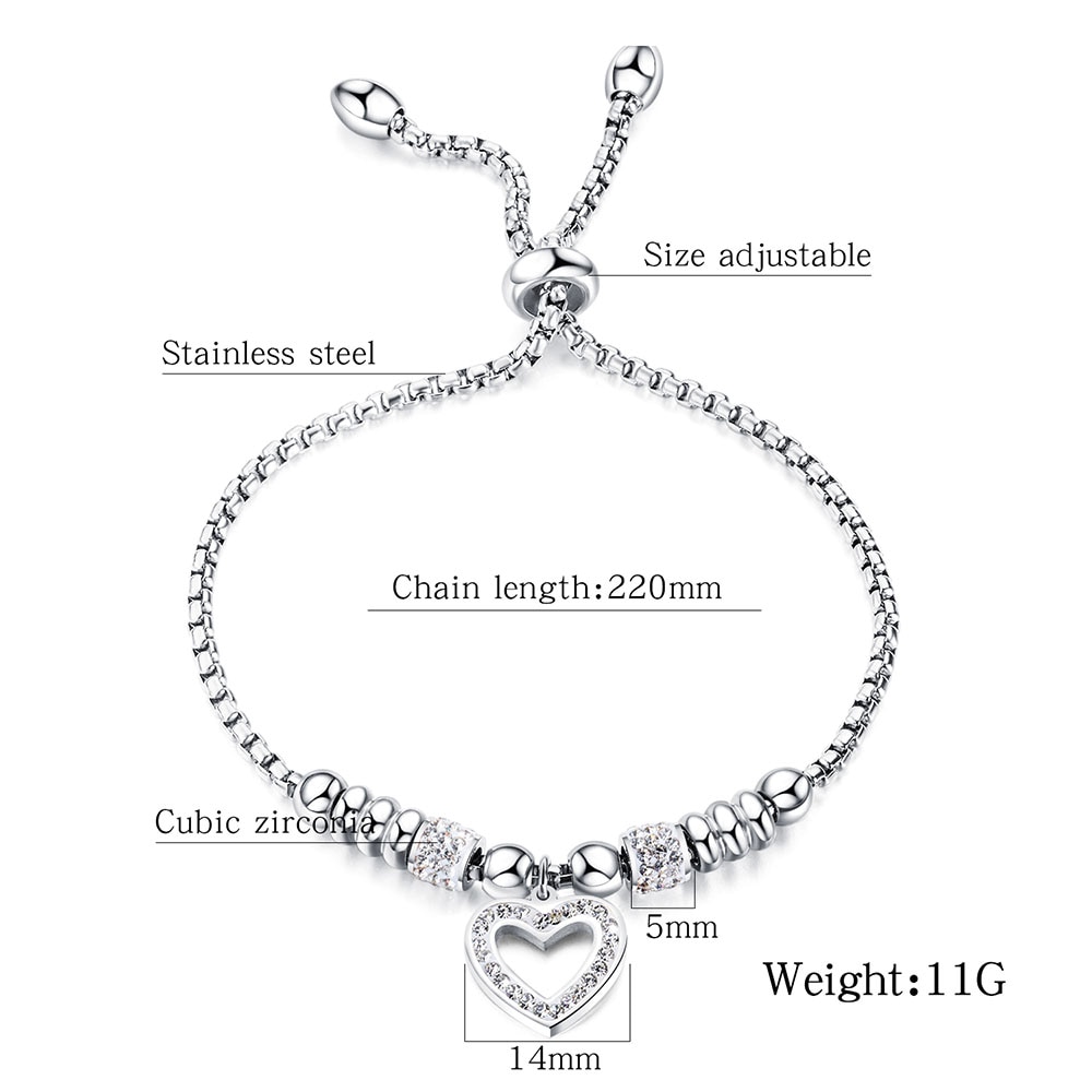 JeeMango Titanium Stainless Steel Mosaic Crytal Heart Charm Bracelets For Girl Rose Gold Adjustable Chain Link Bracelet JB20053