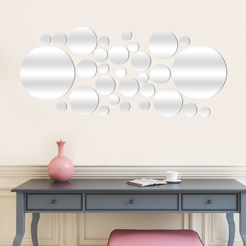 28PCS Mirror Wall Stickers Waterproof Removable Self Adhesive Round Mirror Wall Decal Decor for Hotel Home Office