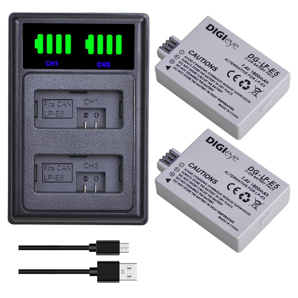 Batería LP-E5 LP E5 de 1800mAh, cargador Dual LED para Canon EOS Rebel XS, Rebel T1i, Rebel XSi, 1000D, 500D, 450D,Kiss X3,X2,F: 2 battery set