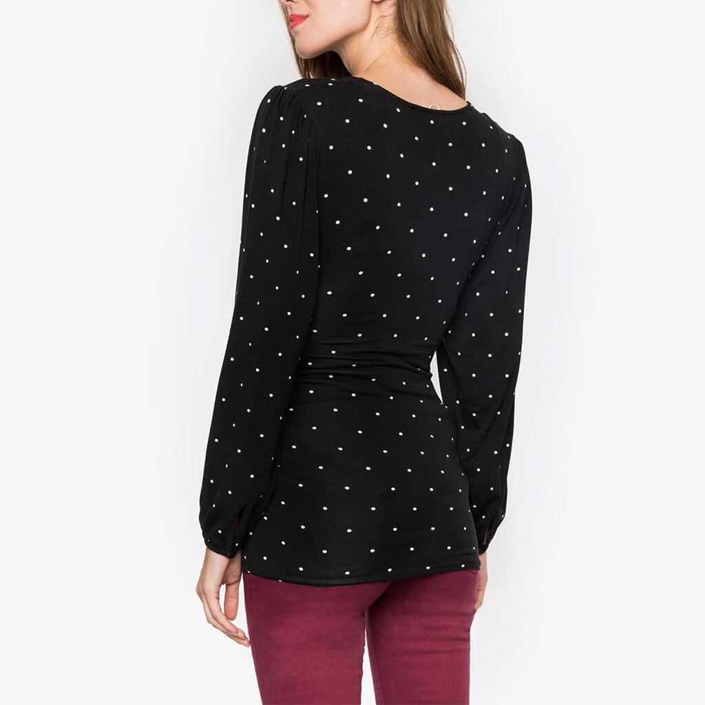4# Women Dot Printed Maternity T-shirts Pregnant Tees Pregnant Nusring Maternity V-neck Long Sleeve Ruffles T-shirt Maternité