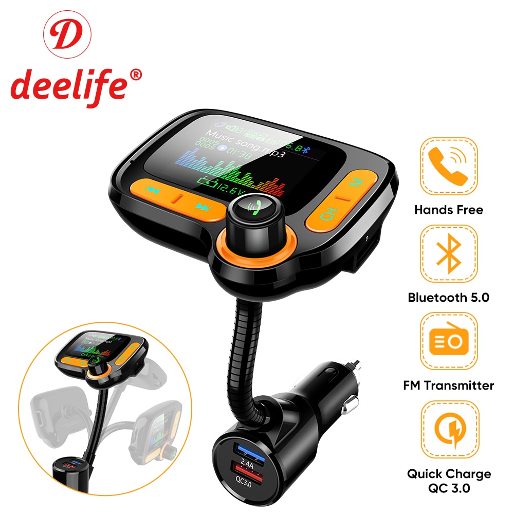 Deelife Bluetooth 5.0 nadajnik modulator FM samochodowy zestaw głośnomówiący z kolorowym ekranem automatyczny odtwarzacz MP3 podwójna szybka ładowarka USB