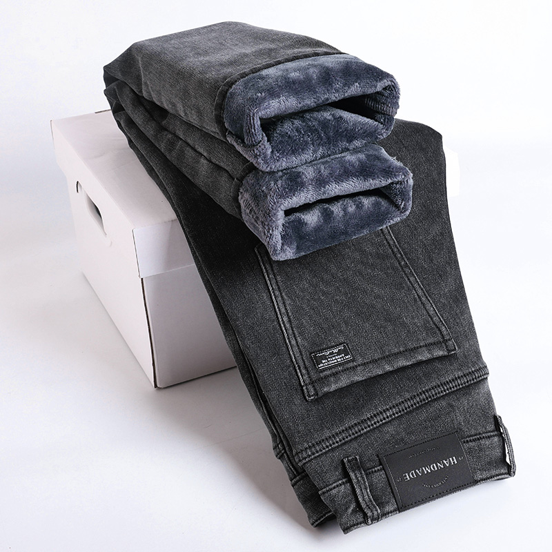 Winter Fleece Thick Warm Jeans Men's Slim Straight Elastic Denim Pants Casual Male Clothing Plush Trousers: 30 / GRAY