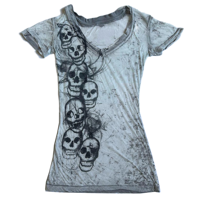 Camisetas cortas con cuello en V y teñido anudado gráfico Y2K E-girl, camiseta gótica Grunge con estampado de calavera, camisetas ajustadas de manga corta Retro Emo de los años 2000