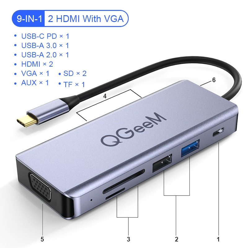 QGeeM USB C Hub voor Macbook Pro Air Triple Display Type C Hub naar Dual 4K HDMI & DP SD Micro SD-kaartlezers RJ45 Aux PD-oplader OTG Multi USB Hub Type C Dock 3.0 Adapter Splitter voor Notebook Laptops PC-accessoires: 9 Ports VGA Alu