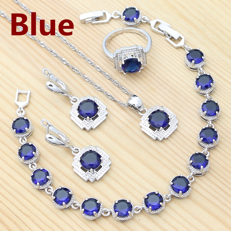 Conjunto de joyería de plata 925 para mujer, anillo redondo rojo granate, pendientes, pulsera, colgante, cadena, joyería cuadrada: Azul