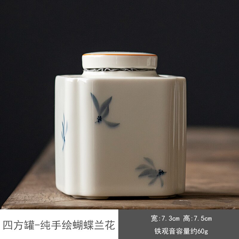 Caddie à thé orchidée peint à la main, pot en céramique scellé, boîte à thé Portable, réservoir de stockage, conteneur de thé, boîte à bonbons: 7.3x7.5cm
