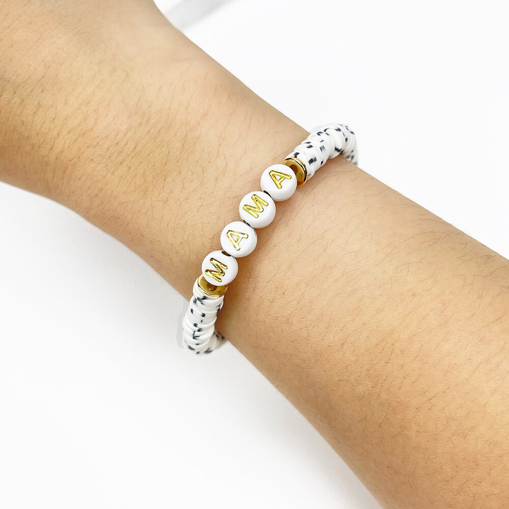 Peri&#39;sbox Cute Handmade Rainbow Polymer Clay Disc Bead Bracelet With Acrylic MAMA Letter For Mother&#39;s Day Jewelry