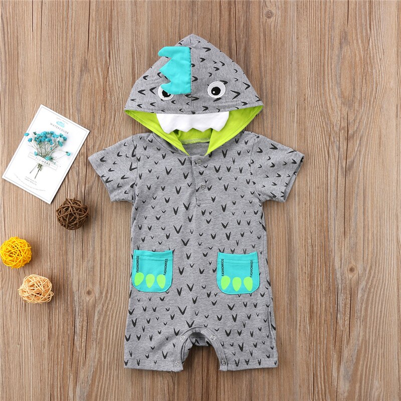 Mignon infantile bébé vêtements bébé garçon filles dessin animé monstre barboteuse combinaison à manches courtes à capuche été tenue vêtements
