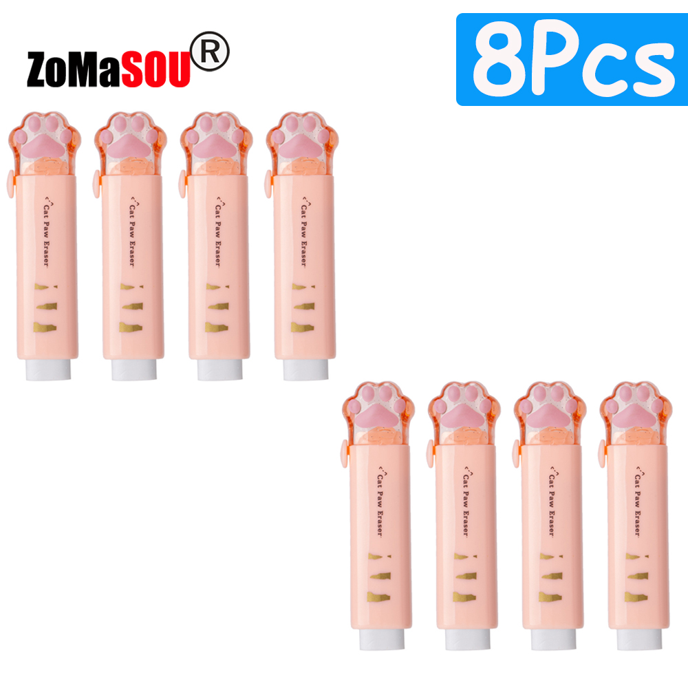 1-8Pcs ! Kawaii Cat Paw Rubber Erasers Retractable Pencil Eraser for Kids Students School Home Office Writing Drawing: light yellow