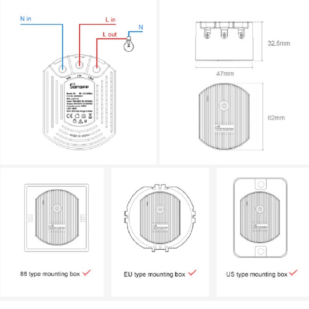 Sonoff D1/RM433 Smart Dimmer WiFi Switch 433Mhz RF/APP/Voice Remote Control Adjust Light Brightness Works with Google Home Alexa