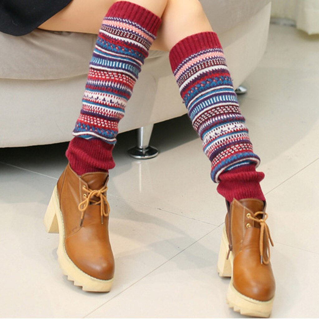 Ethnique 1 paire femmes hiver jambières laine tricot haute genou chaussettes bottes manchettes filles guêtres Femme