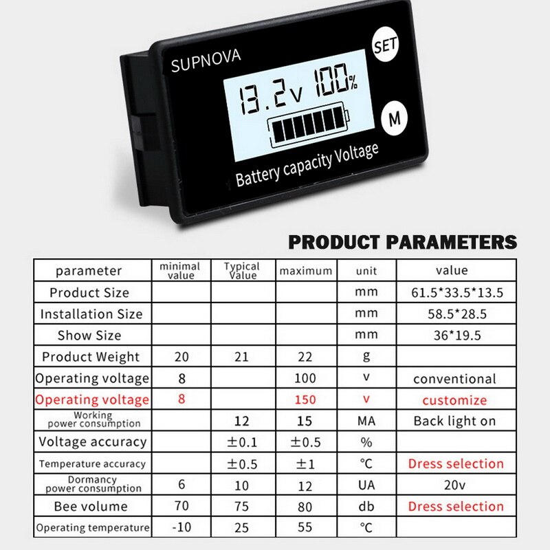 Lcd batterikapacitet monitor indikator spændingsmåler blysyre lithium lifepo 4 bil motorcykel voltmeter spændingsmåler  dc 8v-100v