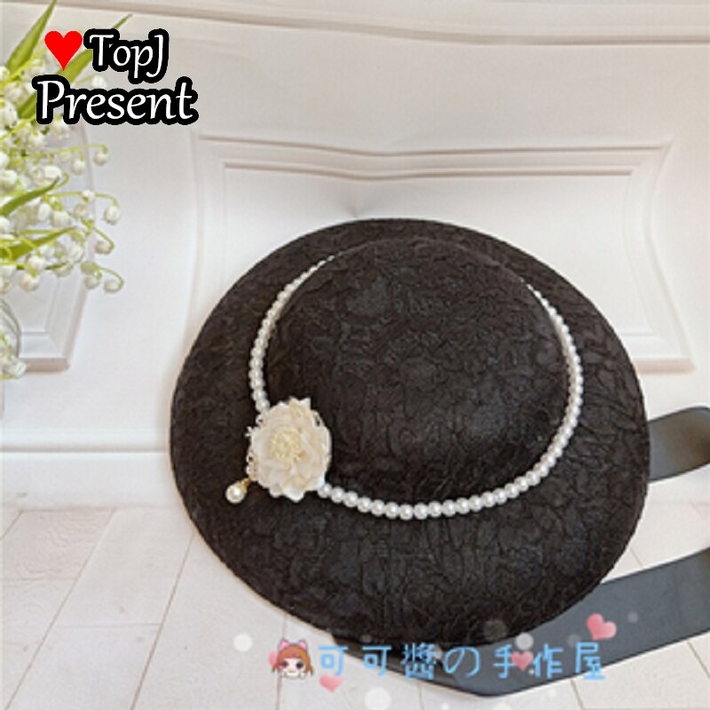 Lolita Hanyang eclectic hat retro linen flat hatGorgeous Hand made hat Ming Hanfu pearl bandage: black 1