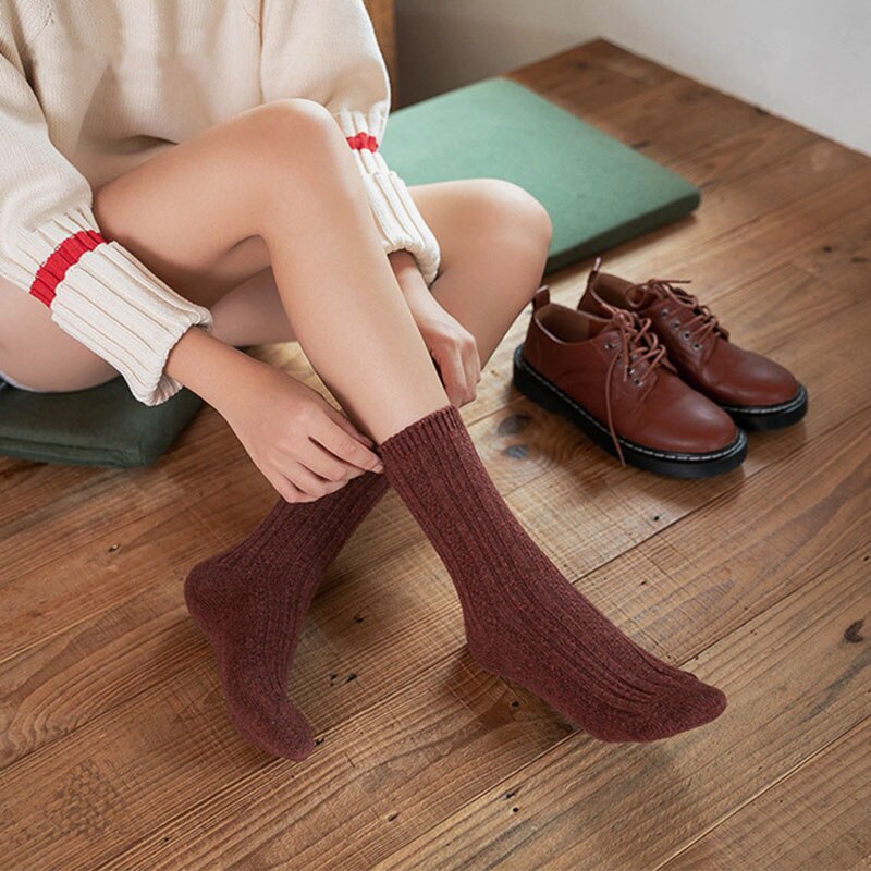 Damessokken herfst winter dikke wollen sokken ademend deodorant warm effen kleur casual dames katoenen sokken 2369