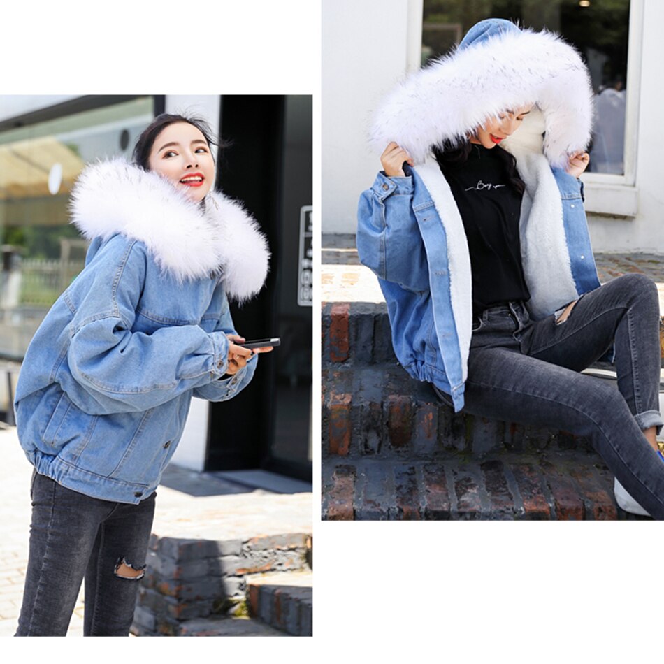 À capuche Fourrure Vestes En Jean Femme Doublure Coton Hiver Plus Épais Denim Manteaux Dames décontracté Veste Femme grande taille vêtements coupe large Haut