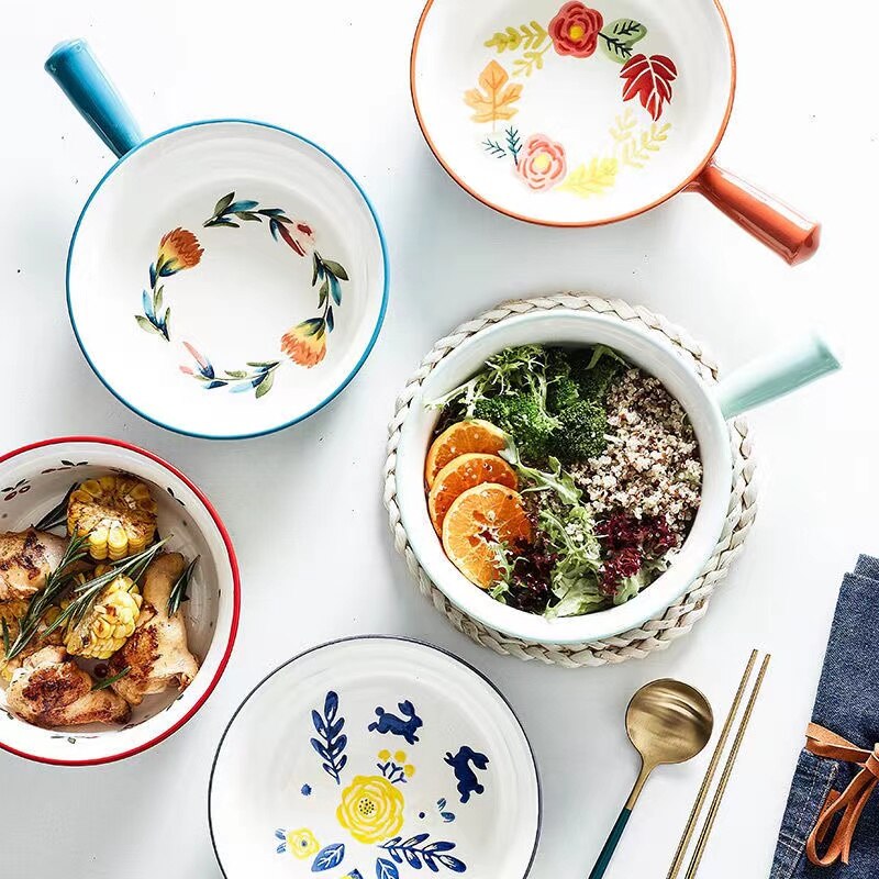 Ceramic Glaze Baking Bowl with Handle Salad Bowls Barbecue Cheese Baked Rice Baking Pan Round 4 Seasons Bakeware Home Decoration