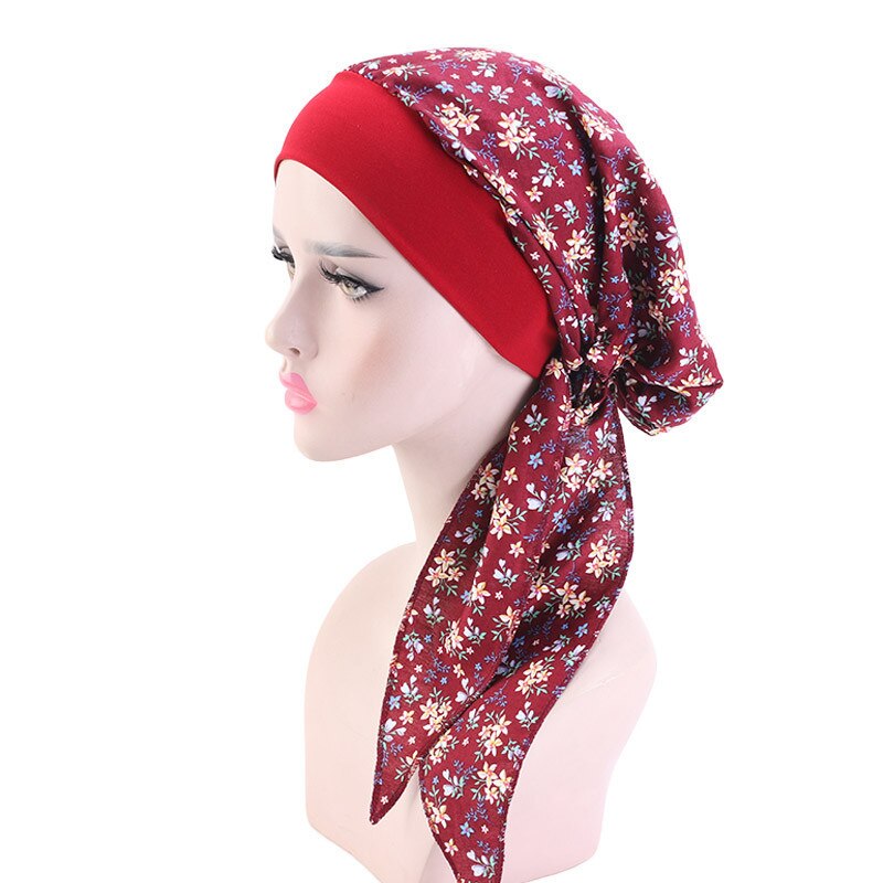 Kvinnors muslim hijab cancer kemo blomma tryck hatt turban mössa täcka håravfall huvud halsduk wrap förbundna huvudbonader strech bandana