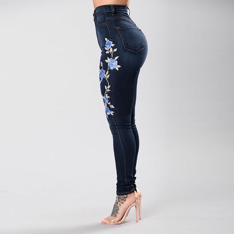 Jean brodé Stretch pour Femme élastique bleu fleur jean Femme crayon Denim Pantalon Rose motif Pantalon Femme