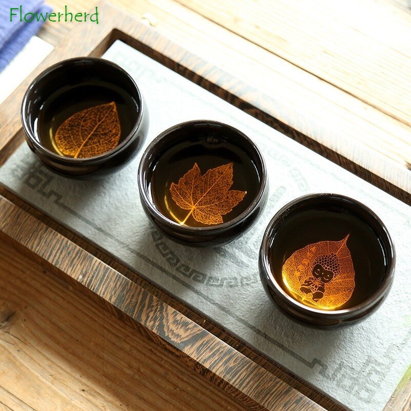 Tasse à thé créative en céramique noir Tianmu tasse à thé papier fleur d'or tasse à haute température avec ménage Kung Fu tasse à thé