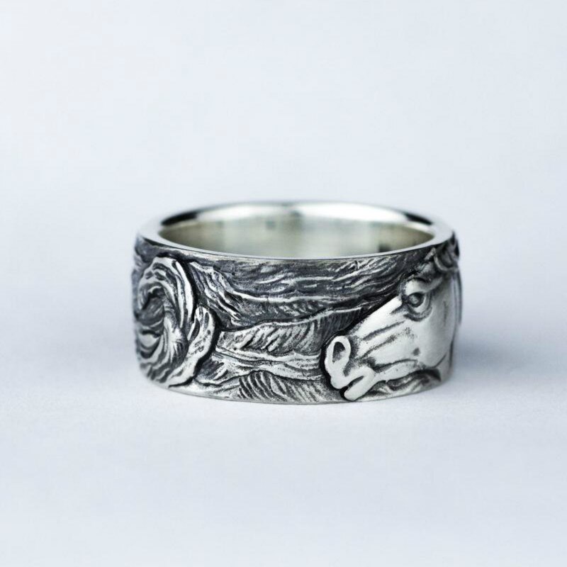 Vintage 925 Thai Silver Horse Carving Finger Rings Punk Style Antique Animals Ring for Women Ladies Party Retro Jewelry