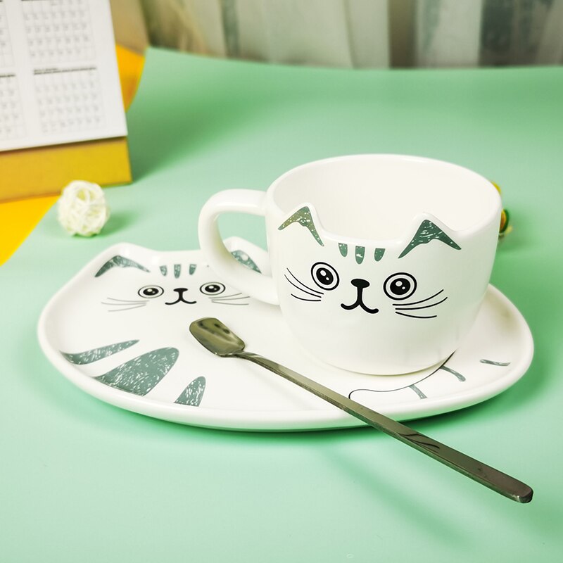 Keramische Kopje Koffie Sets Cartoon Kat Patroon Kopje Thee Dessertbord Outfit Leuke Koffie Kop En Schotel Set Geven weg Lepel: gray cat